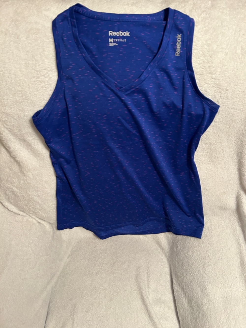 Reebok Women's Blue Tank with Pink Speckle V-Neck